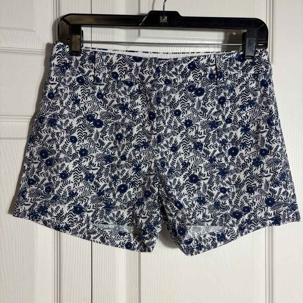 J Crew Factory Chino Shorts Women 2 Blue White Floral Print 100% Cotton 3.5 inch